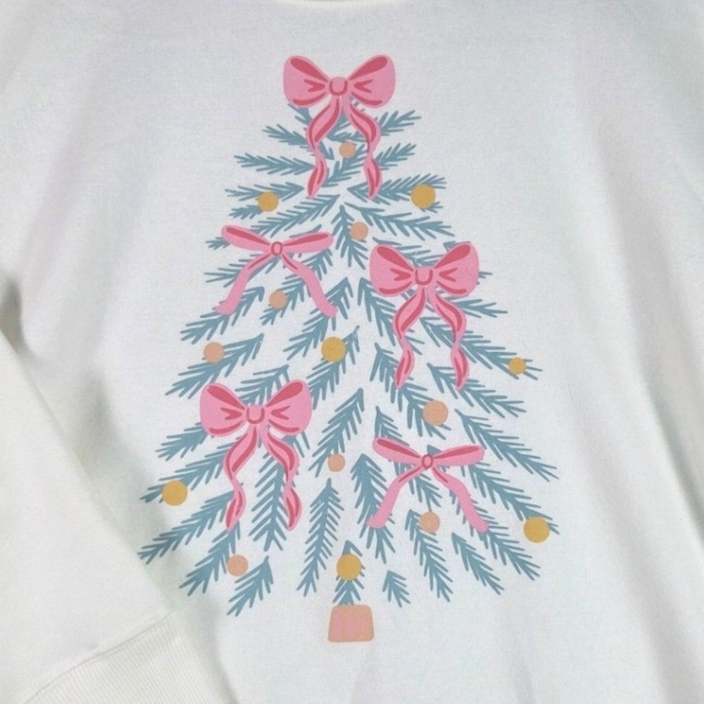 Holiday Time Sweatshirt Women L White Christmas Tree Pink Bow Graphic Pullover